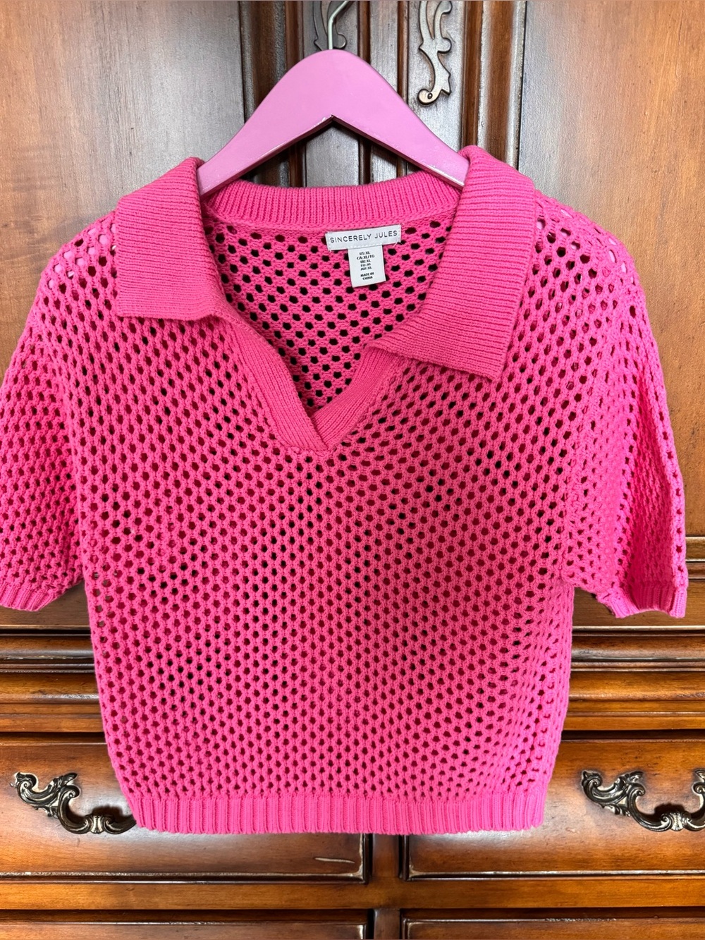 Sincerly Jules Hot Pink Open-Knit V-Neck Cropped Polo Sweater